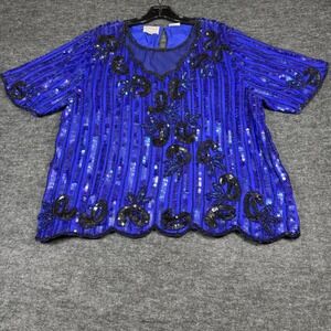 Vintage Stenay Beaded Sequin Royal Blue Silk Top XL Evening Glam Party Occasion